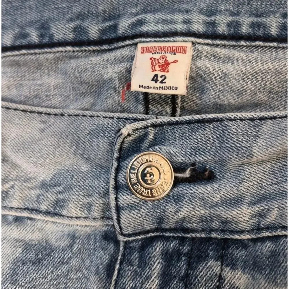 True Religion Mens 42 Denim Shorts Palm Tree Print Straight Cutoff Blue Jean